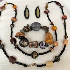 Ethnic or Tribal Three Pc Set, Necklace, Bracelet, Earrings,  Mulicolors